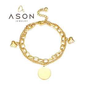 Ason Jewelry Hot Sale Fashion Stainless Steel Bracelet Women Exquisite Round and Heart Shaped 18k Gold Plating Double Bracelet