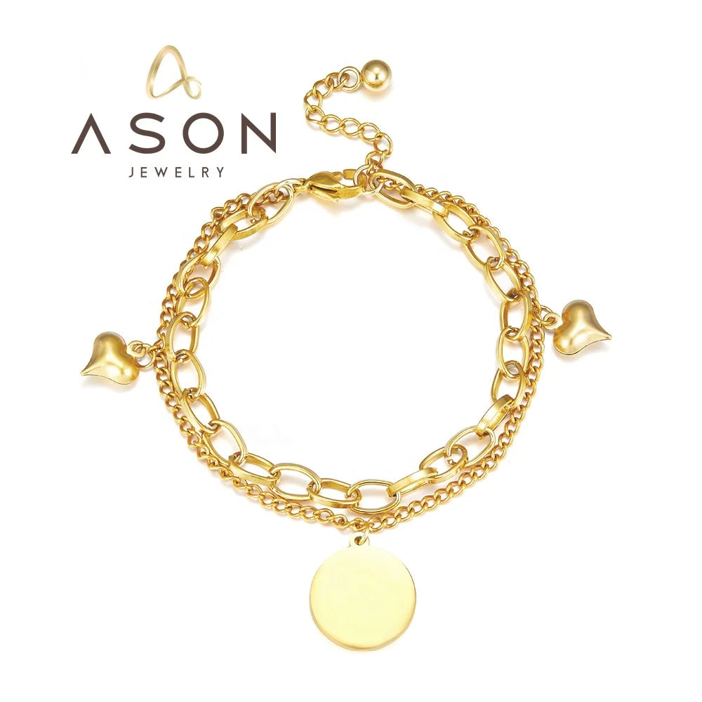 Ason Jewelry Hot Sale Fashion Stainless Steel Bracelet Women Exquisite Round and Heart Shaped 18k Gold Plating Double Bracelet