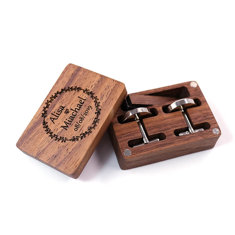 Custom Engraved Logo Luxury Walnut Storage Display Gift Packaging Wooden Tie Clip Cufflink Box