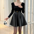 ZYHT 21525 Wholesale Autumn Female Dresses Square Collar Women Clothing Elegant Patchwork Women Black Leather Dress