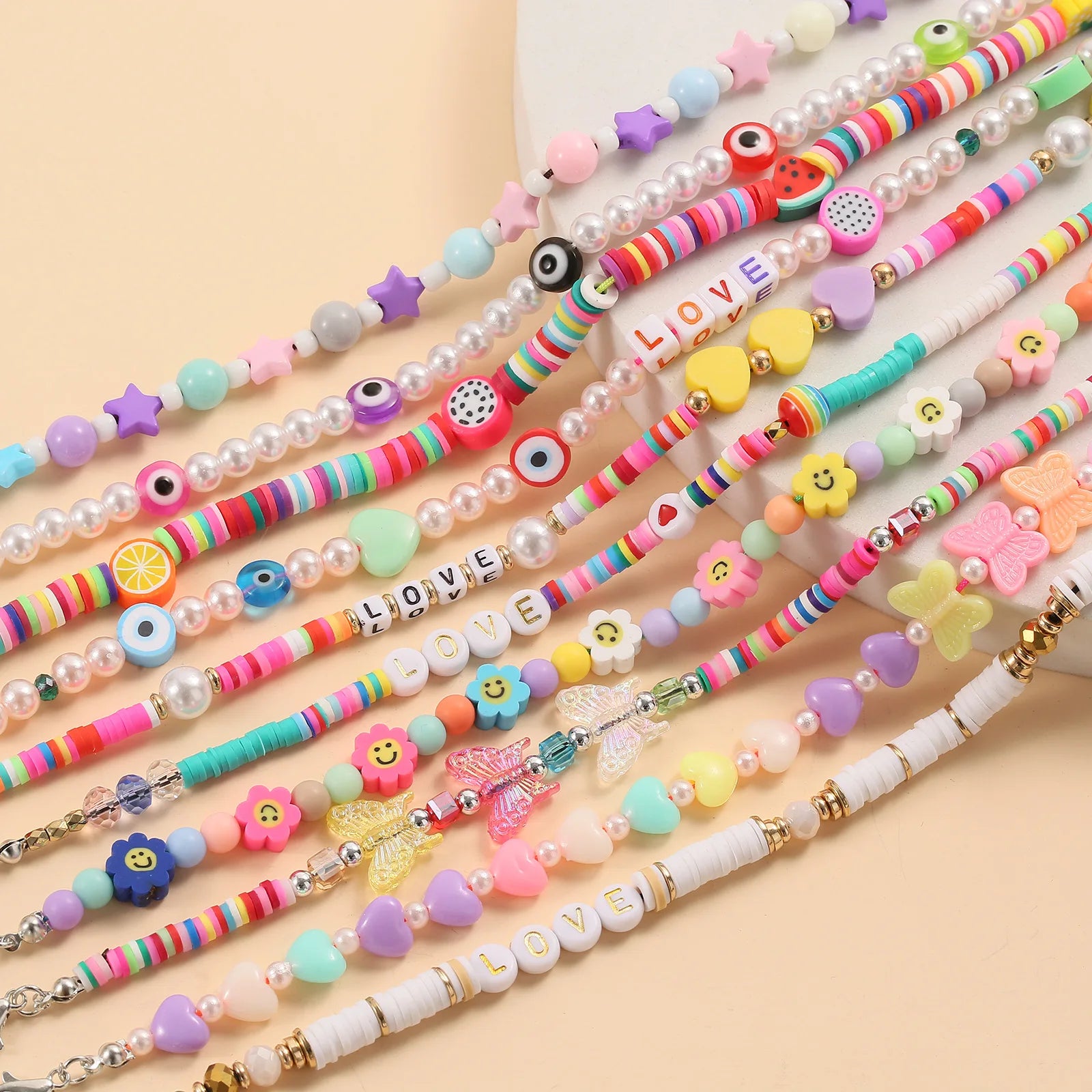 Fashion Resin Alphabet Color Rice Beads Soft Pottery Boho Pearl Smile Shoe Accessories Shoe Chain Wholesale Custom