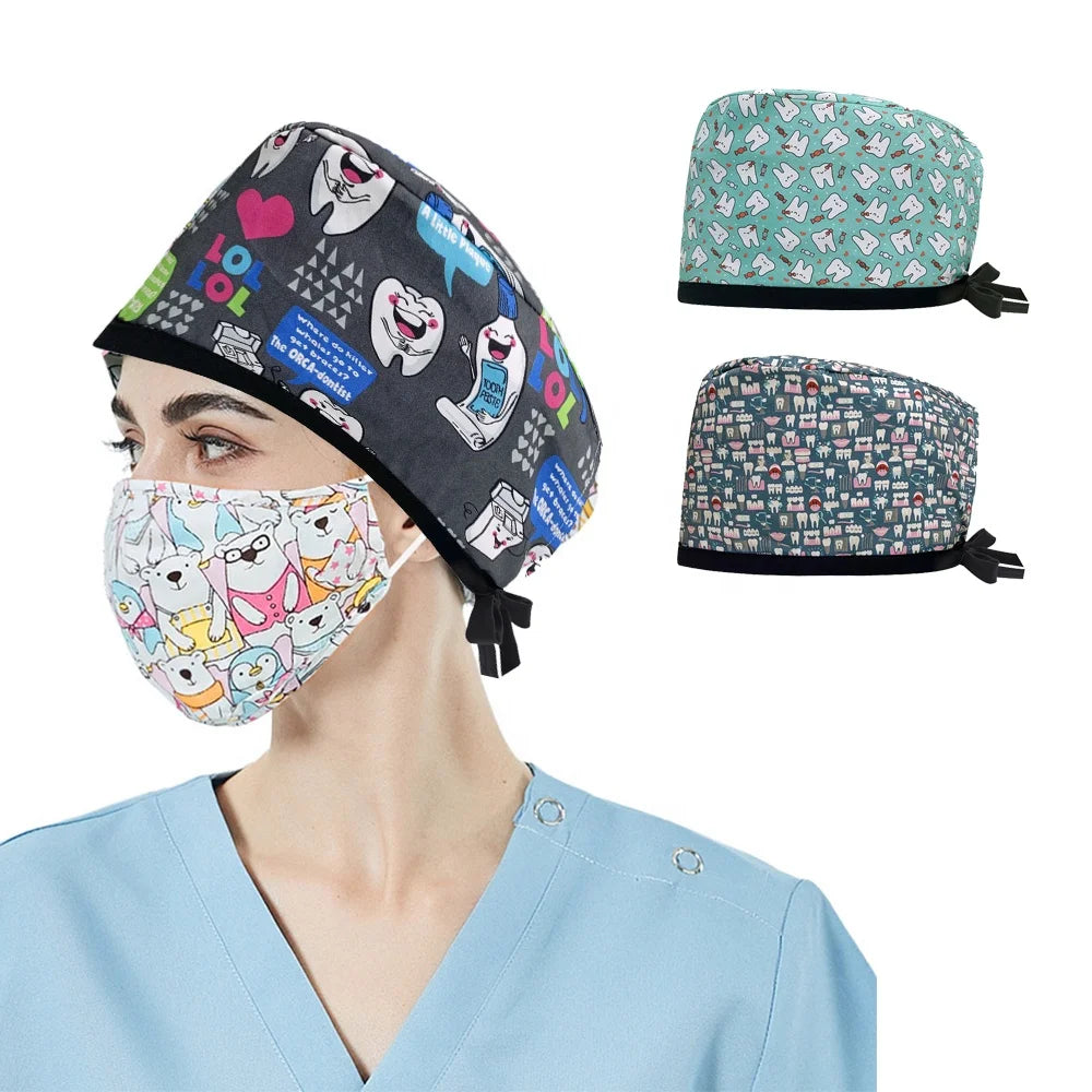 WD-A932  Clinic Dentist Head Hats Tooth All Over Hat Print Uniform Working Adjustable Ponytail Scrub Nurse Caps With Buttons