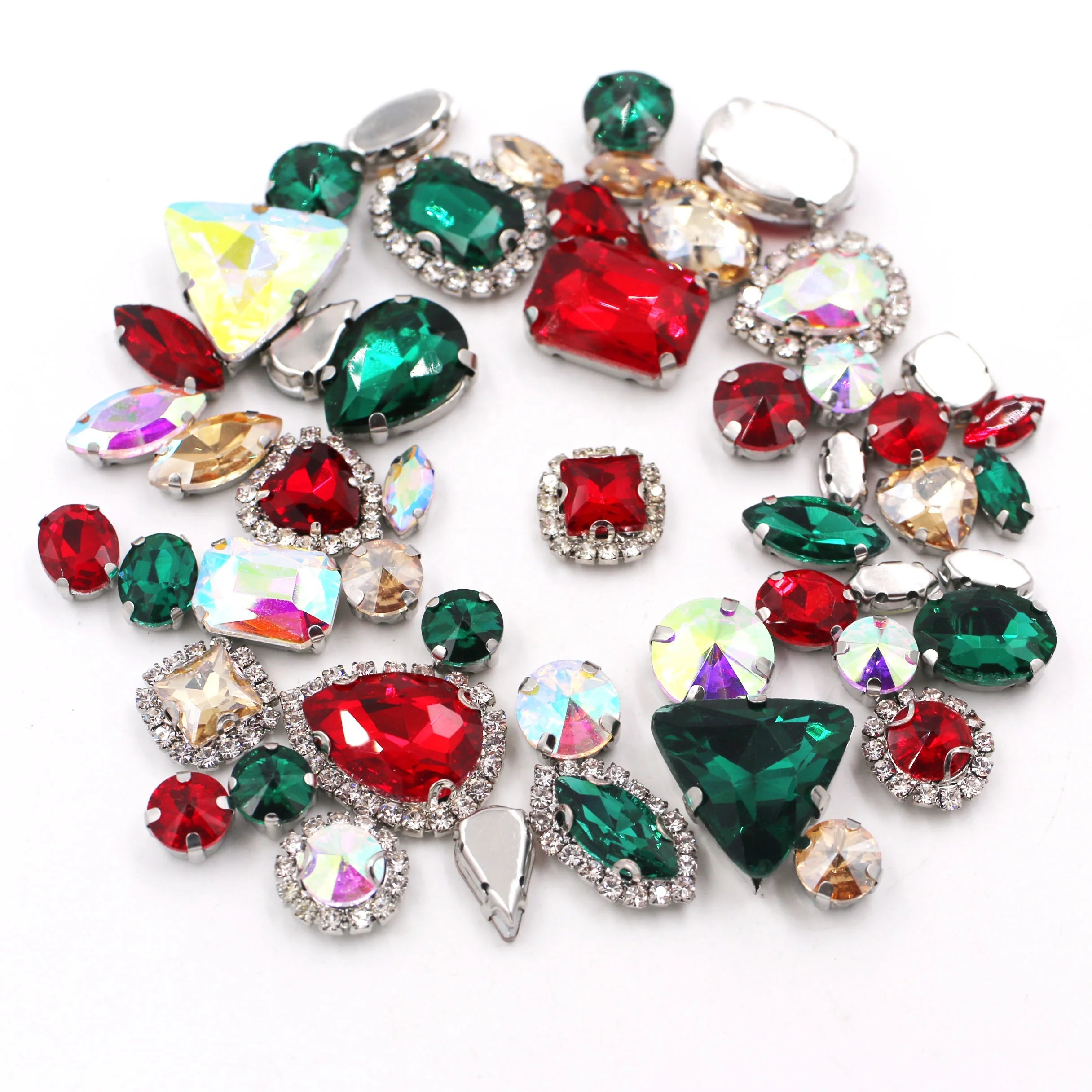 Christmas Color Mixed Shape Crystal Glass Buckle Rhinestones with Silver Regular and Cup Chain Claw