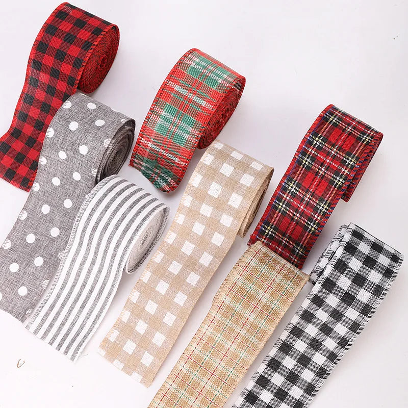 Plaid Check Burlap Jute Linen Ribbon Polyester Wired Edge Christmas Ribbons for Crafts Wrapping and Decoration