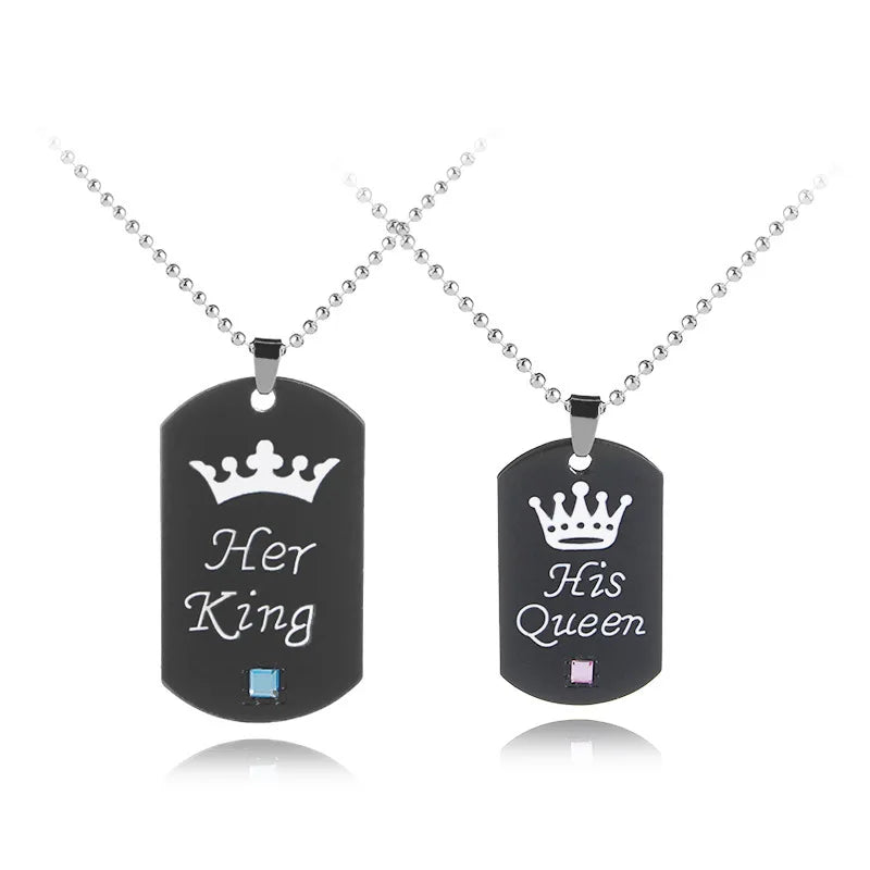 Wholesale Popular Stainless Steel Cute Couple for Valentine's Day 'Her King His Queen' Laser Letters Black Dog Label Chains