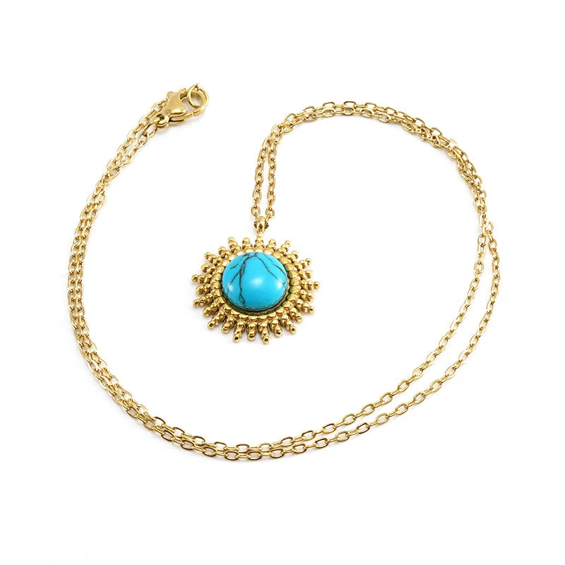 Statement Makers European American Jewelry Blue Turquoise Round Pendant Stainless Steel Plated 18K Gold Opal Necklace for Women