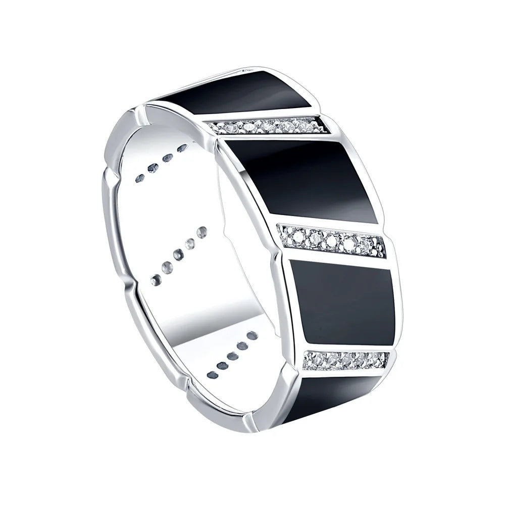 Chian Factory Custom logo Fashion 925 Sterling Silver Black Enamel Ring with Cubic Zircon