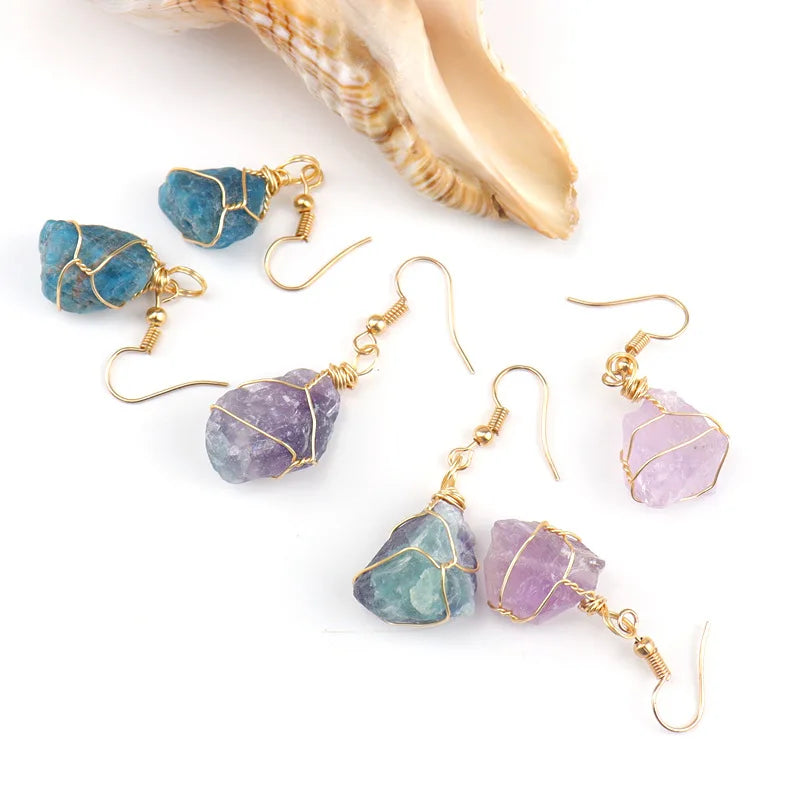 New Natural Crystal Stone Wire Wrapped Eardrop Green Aventurine Earrings for Women Jewelry Crystal Earrings