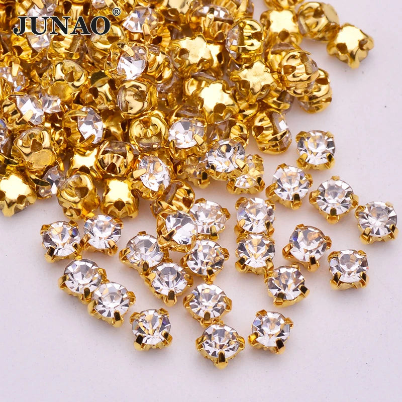 JUNAO Round Crystal AB Glass Gem SS16 SS18 SS30 Sewing on Claw Rhinestones for Garments