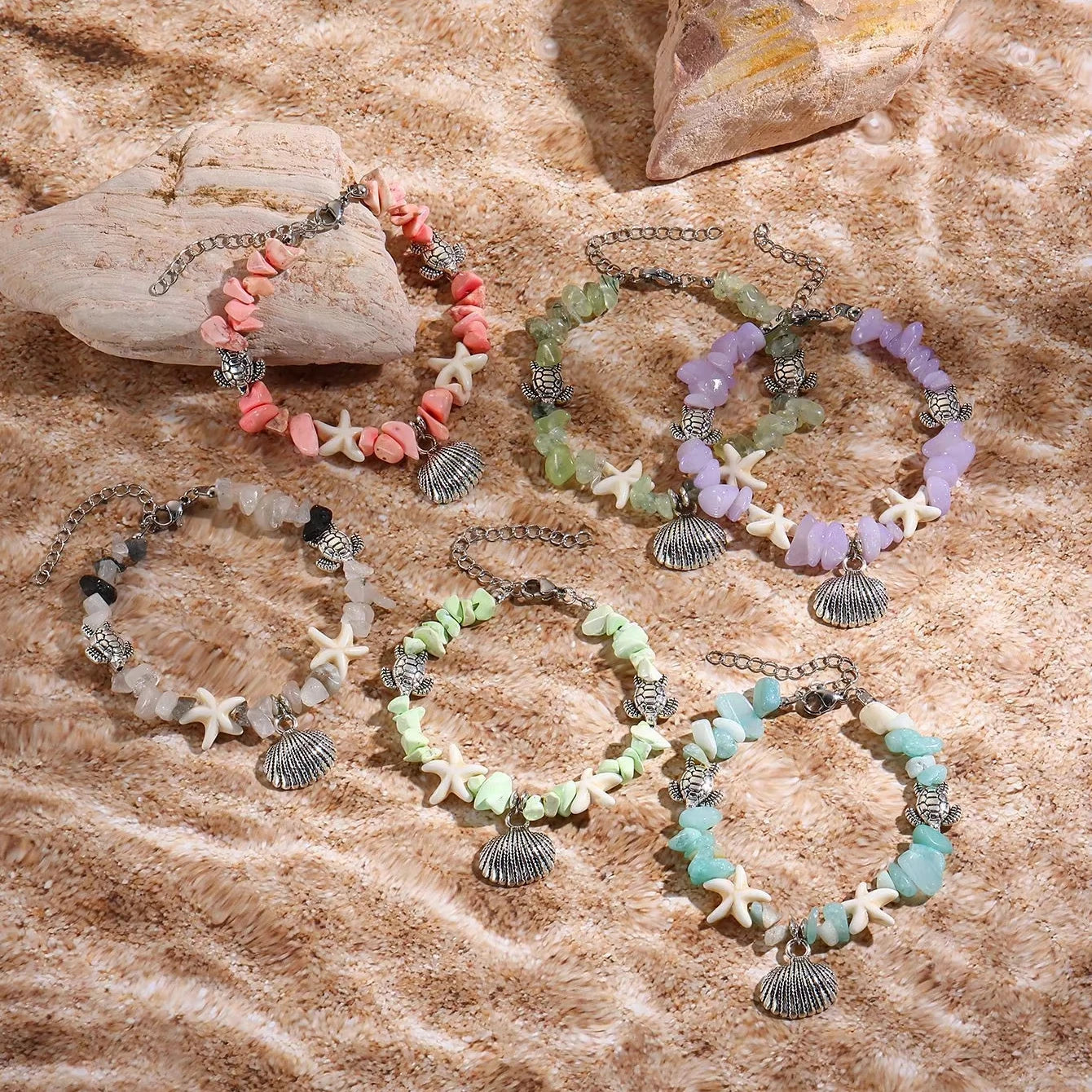 Hot Sale Starfish Scallop Sea Turtle Natural Stone String of Beads Beach Sea Shell Bracelet Women Summer Jewelry