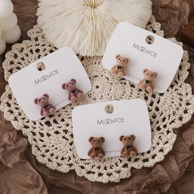 Cute Flocking Bow Bear Stud Earrings Fashion Jewelry Animal Stud Earrings Dainty Earring Ear Clip for Women Girls