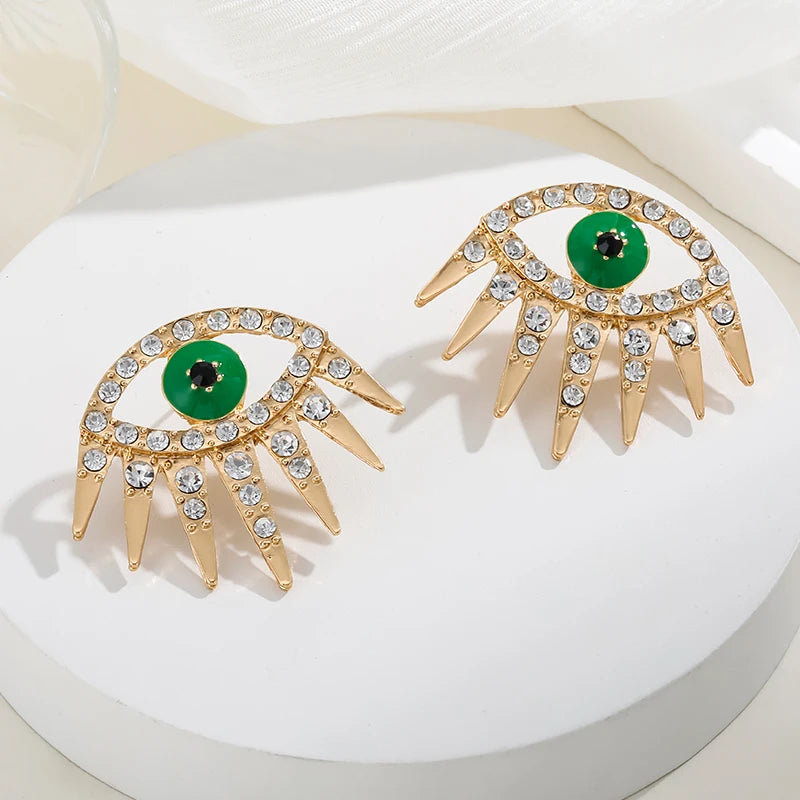 Jewelry Vendor China Wholesale Women 18K Gold Zinc Alloy Crystal Rhinestone Beaded Big Eye Stud Earring With Green Eye Ball