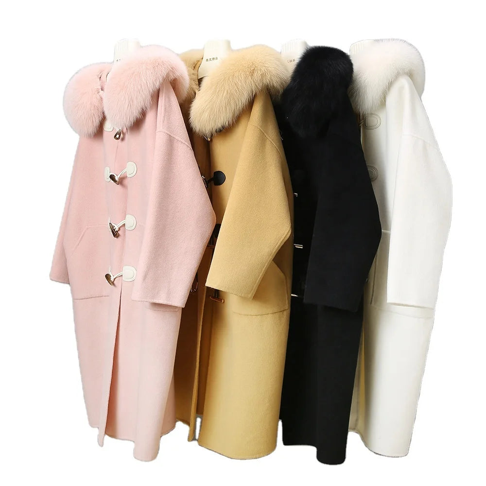 Fashion Trendy Horn Button Winter Long Lamb Wool Coat Women Cashmere Coats With Fox Fur Collar