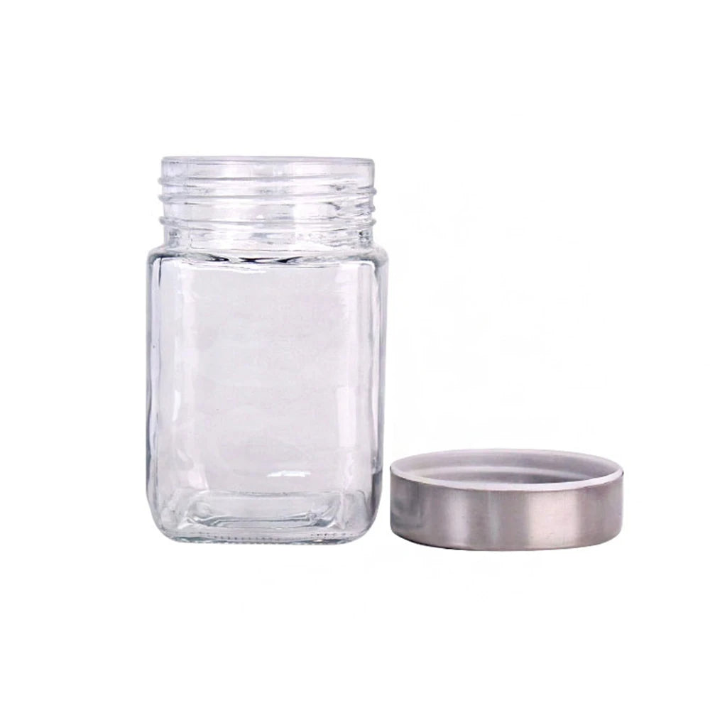 Decorative 300ml 10oz square Storage Food Glass Jar with Stainless Steel Lid
