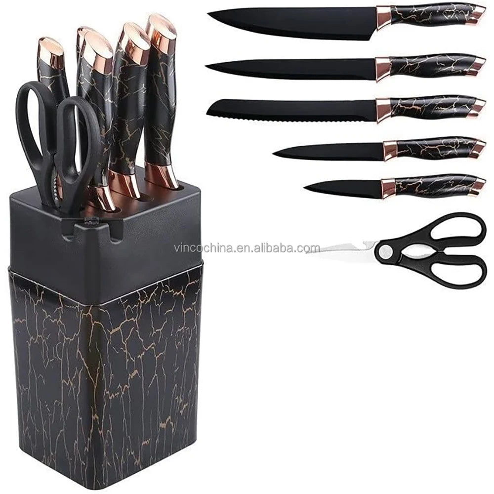 7 Pieces Set Kitchen Stainless Steel Blade Marbling Knife Set with Universal Knife Block
