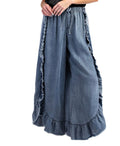 Boho Ruffle Trim Women Denim Wide Leg Pants Washed Cotton Loose Casual Flared Jeans Plus Size Ruffled Trousers for Wholesale
