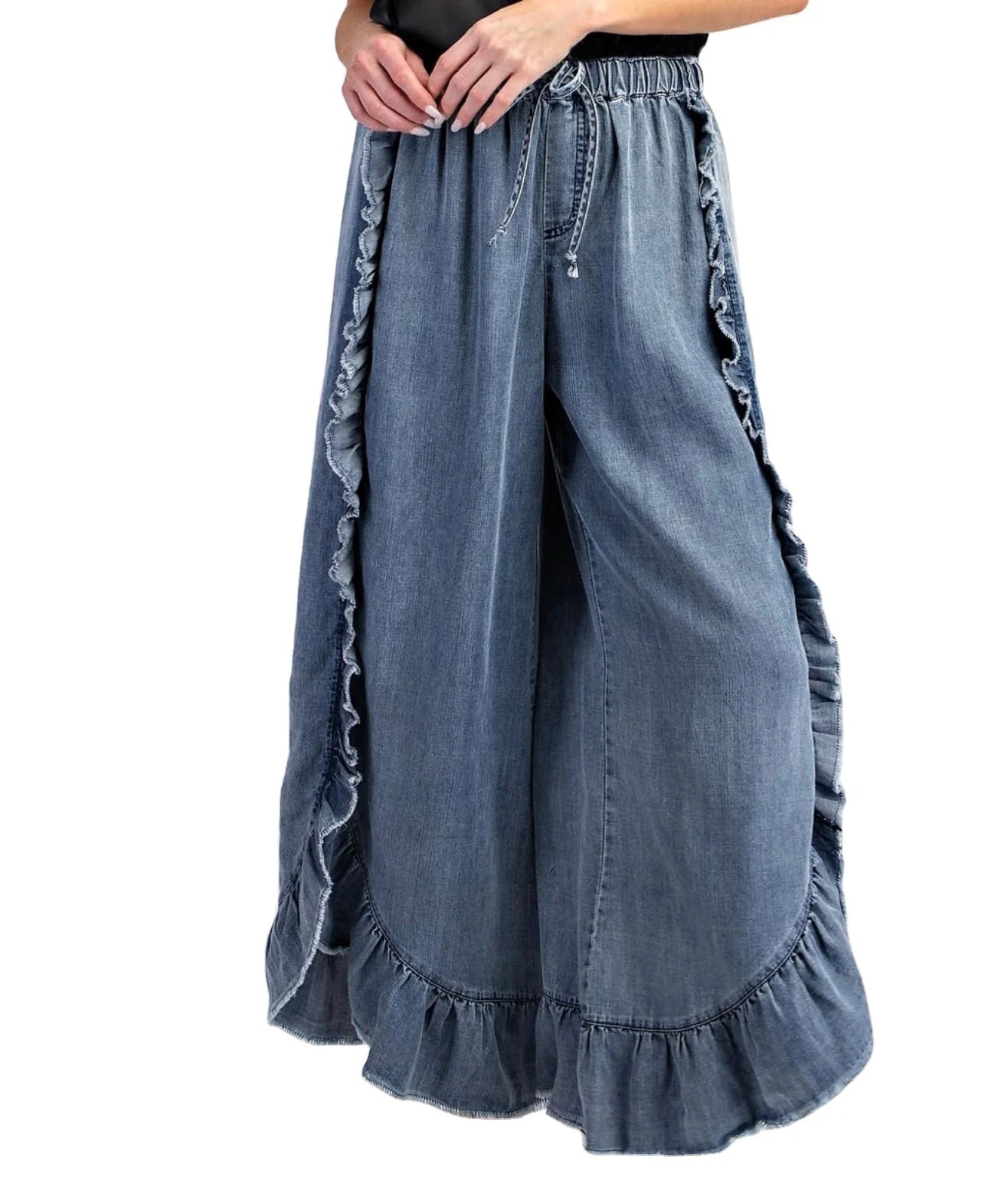 Boho Ruffle Trim Women Denim Wide Leg Pants Washed Cotton Loose Casual Flared Jeans Plus Size Ruffled Trousers for Wholesale