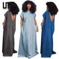 Liu Ming Summer Denim Vintage Loose Deep V Backless Dress for Women Party Dresses