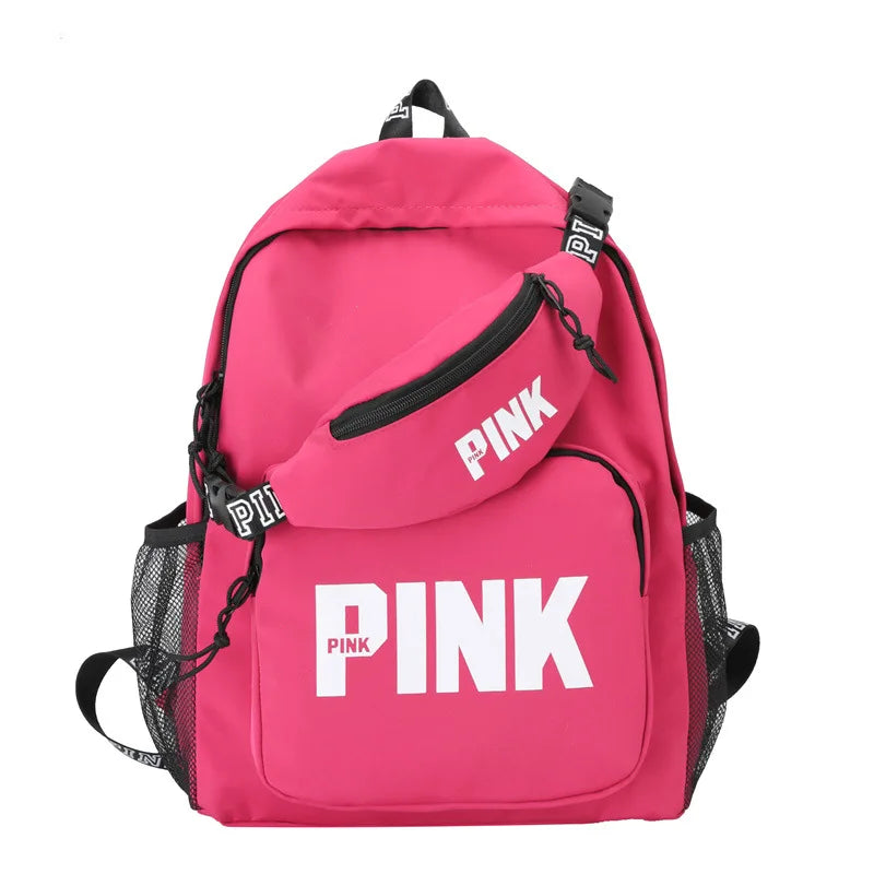 Nylon Fabric High Quality Fashion Multi-functional Unisex School Bags Waterproof Outdoor PINK Backpack and Chest Bag Set Custom