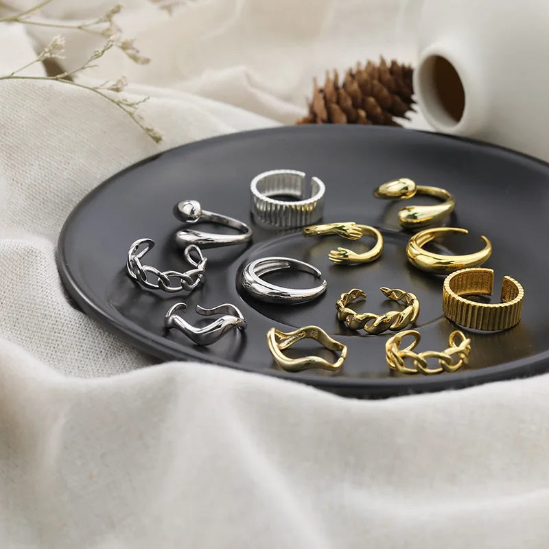Daidan Hug Ring 925 Sterling Trending Teardrop Twist Wave Croissant Gold Plated Adjustable Silver Ring