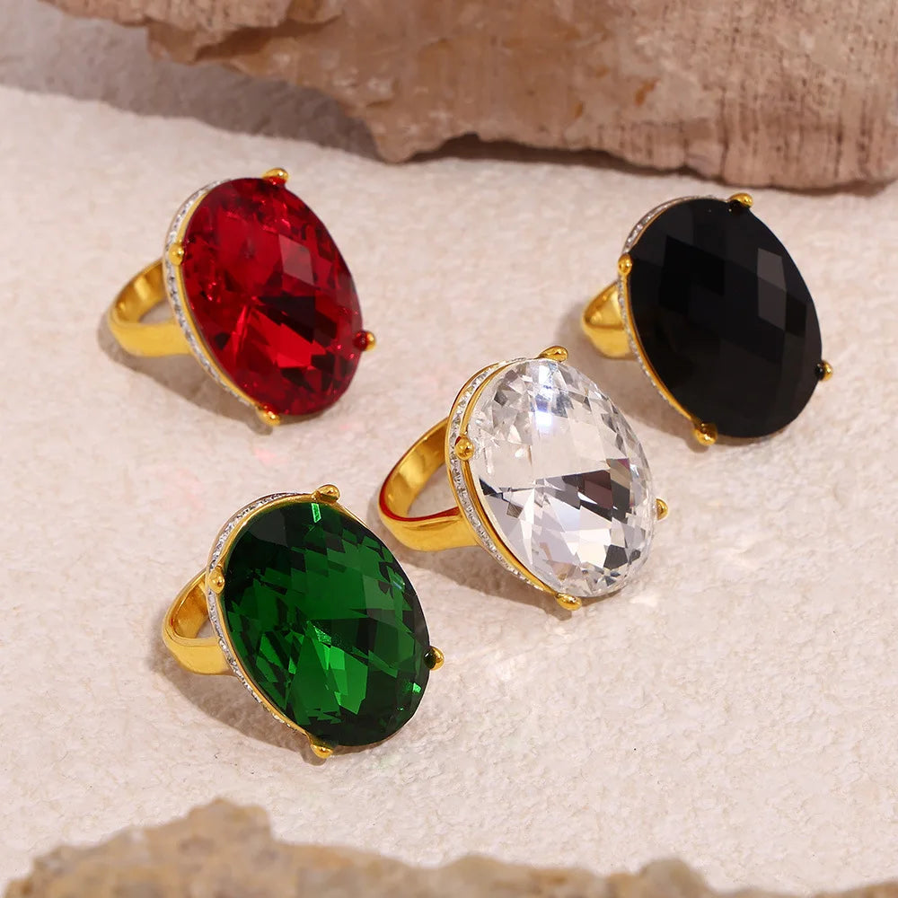 Luxury Cubic Zirconia Large Glass Oval Finger Ring Stainless Steel 18K Gold Plated Gemstone Ring for Wedding Engagement Gifts