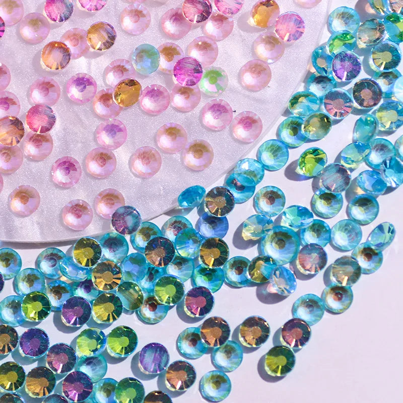 Lan Guang Wholesale SS3-SS30 Aurora Glass Rhinestones Flat Back Non Hotfix Bulk Crystal Glass Rhinestones for DIY Nail Art