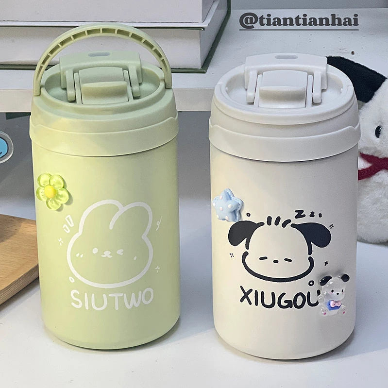 Girls 550ml Portable Adorable Flask Cup Cute Cartoon Kids Stainless Steel Thermos Water Bottle Double Drink Cup with Straw
