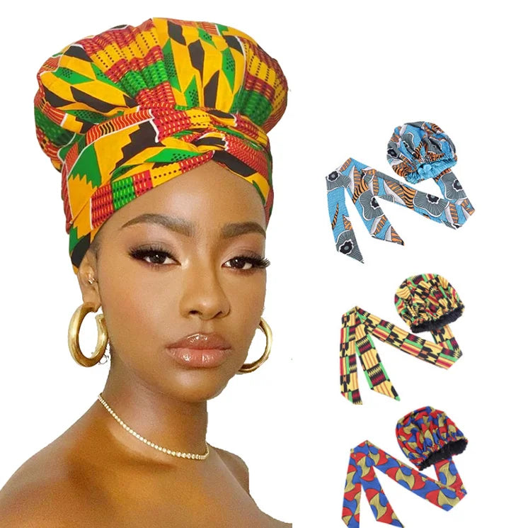 Ankara Printing Satin Lining Sleep Bonnet Lady Wide Band Double Layer Women African Bonnet With Tie