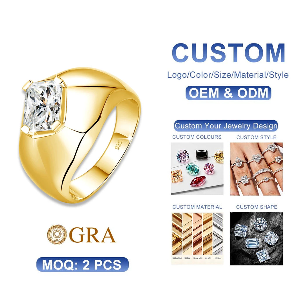 Luxury Engagement Jewelry Designer Streamlined Style 2ct Emerald Joyeria Moissanite Diamond VVS1 Men Ring Silver 925 Anelli