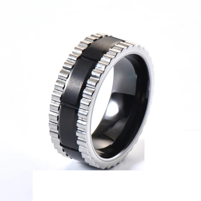 Trendy 9mm Wide Pure Titanium Ring Black Plated Custom Engraving Silver Gear Wheel Edge Engagement Gift for Party Anniversary