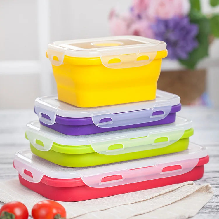 Reusable Folding Collapsible Eco-Friendly Silicone 0-1L Bento Box Kids' Lunch Container Heatable Freshness-Preserving Food