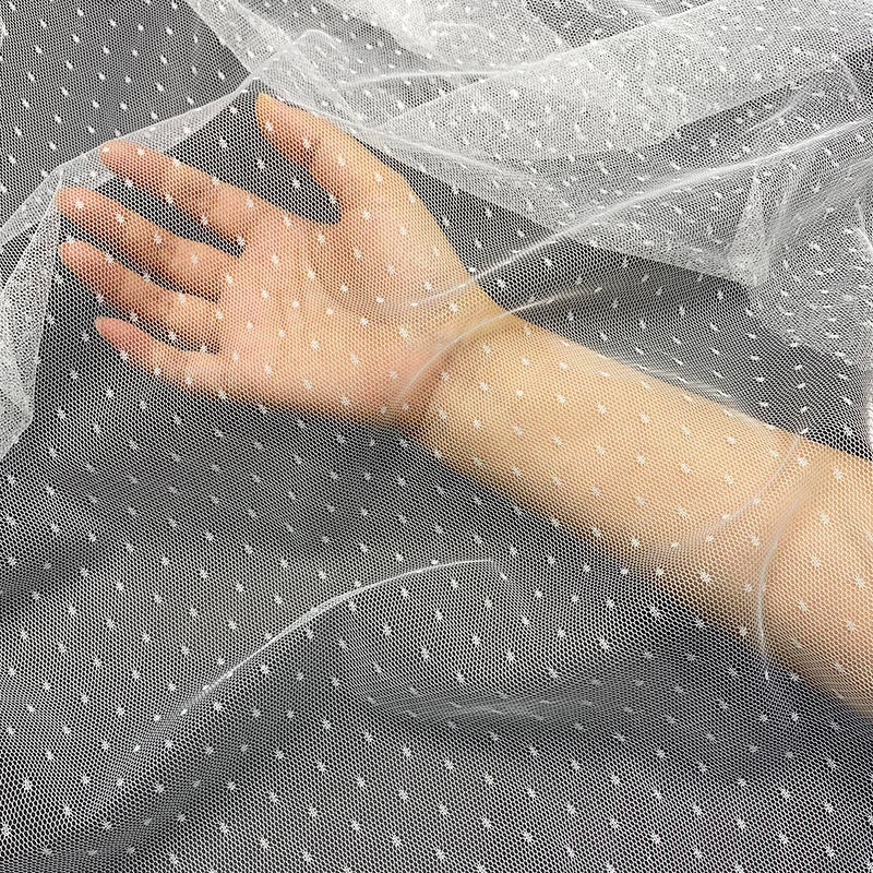In-Stock 63\" Fancy White Polyester Tulle Fabric Wedding Mesh Soft Embroidery for Bridal Girl's Apparel Plain Pattern Design