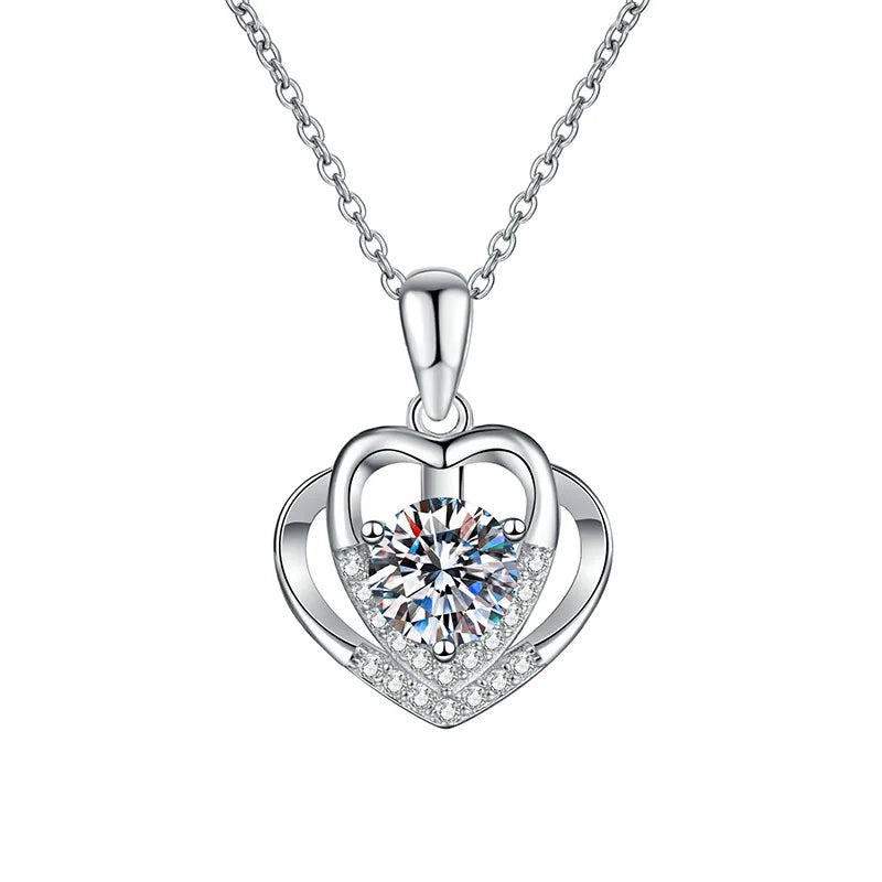 S925 Sterling Silver Moissanite Heart Pendant Necklace Classic Style for Engagement or Wedding Great Gift Idea