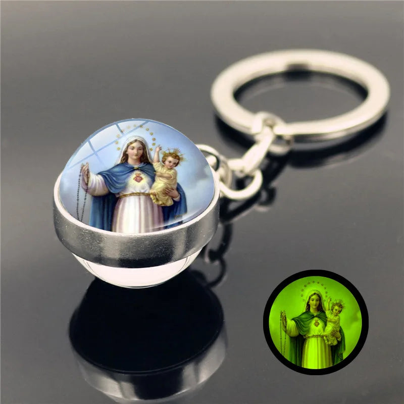 Wholesale Virgin Mary Time Gem Key Chain Pendant Double-sided Crystal Glass Ball Key Chain Accessories