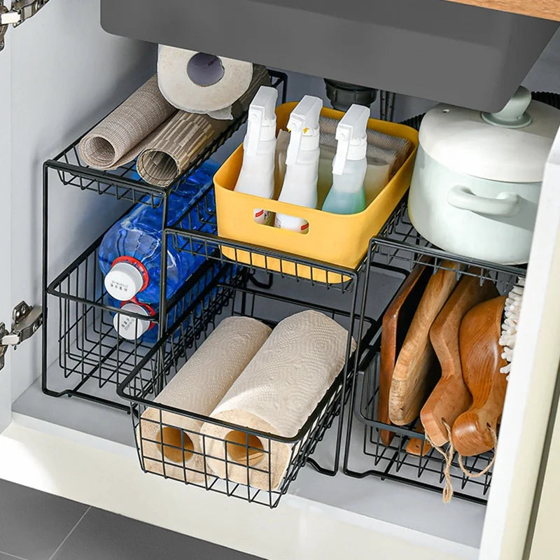 Household Items Kitchen Spice Rack Storage Cabinet Organizers Fruit Basket Snack Metal Double Tier Eco-Friendly Pull