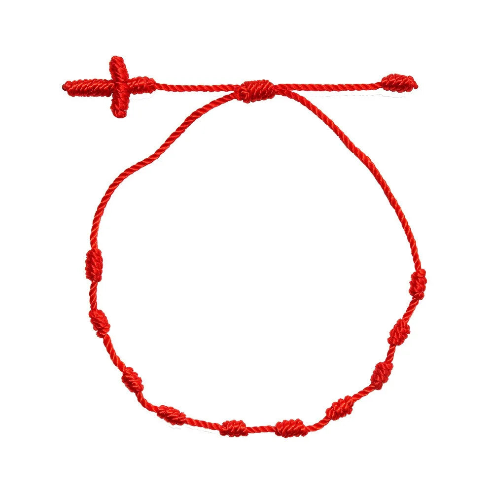Wholesale in Stock Red Handmade Knotted Rosary Nylon Rosary Ethnic Black Hand Rope Cross E 7-knot Bracelet