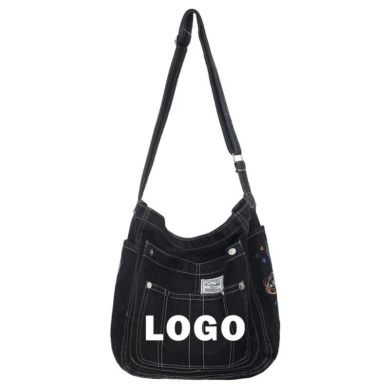 Custom logo Denim Shoulder Bags Canvas Embroidery Totes Female Packages Large Capacity Leisure or Travel Bag for Women Book Bag