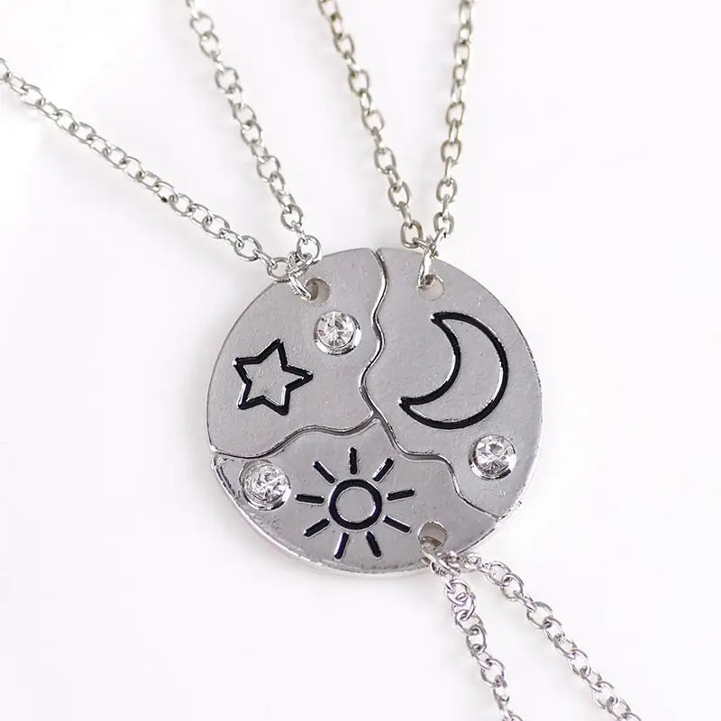 SC New Bff Necklace Creative Zircon Matching Necklaces Silvery Golden Engraved Moon Star Sun Bff Necklace for Best Friends