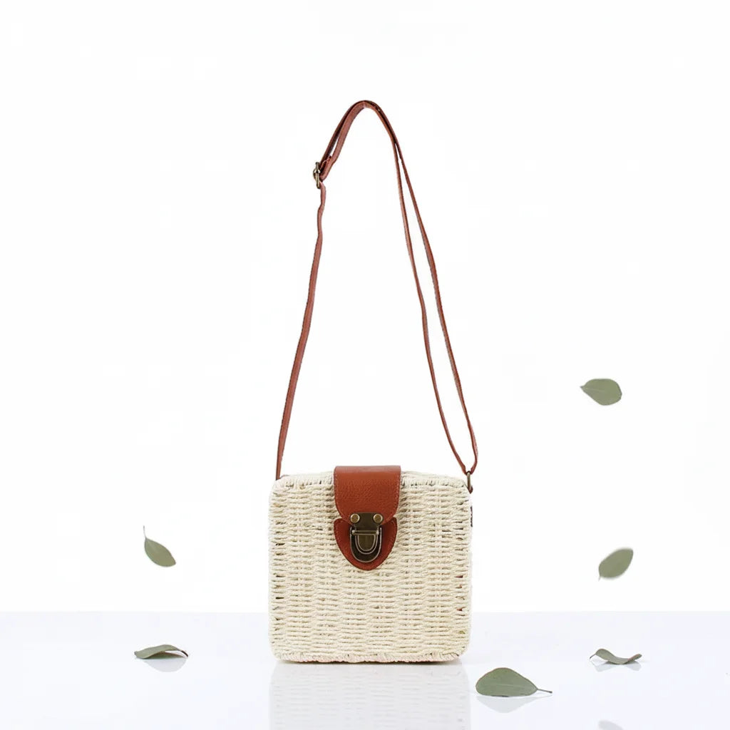 2026 Summer Beach Casual Geometric Print Natural Straw Tote Ladies Crossbody Handbag with Belt Square Shape