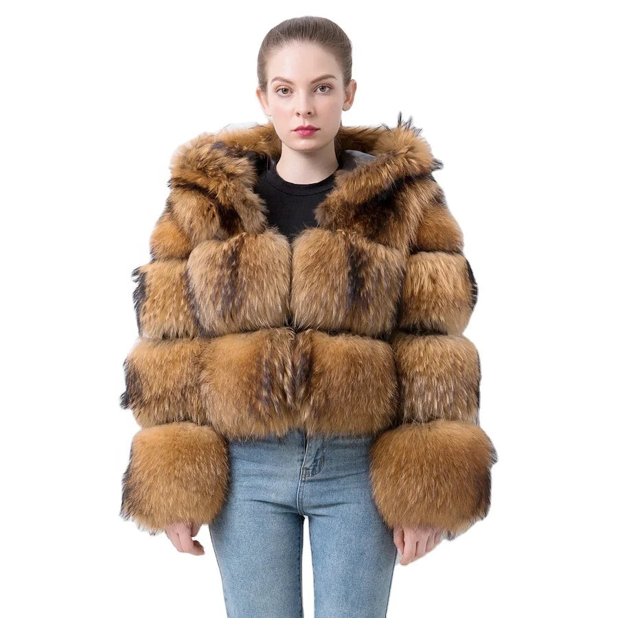 Black Friday Sale QIUCHEN QC20018 New Arrival Plus Size Casual Winter Women Cropped Real Raccoon Fur Coat with Fur Hood