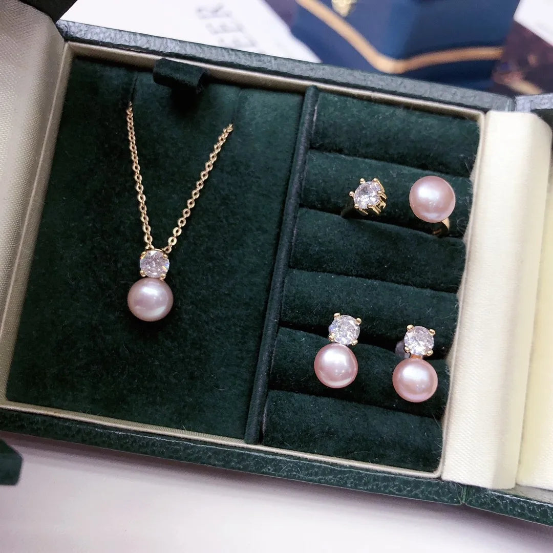 Simple Design Princess Round Diamond Freshwater Pearl Earrings Necklace Ring Set Crystal Pearl Jewelry