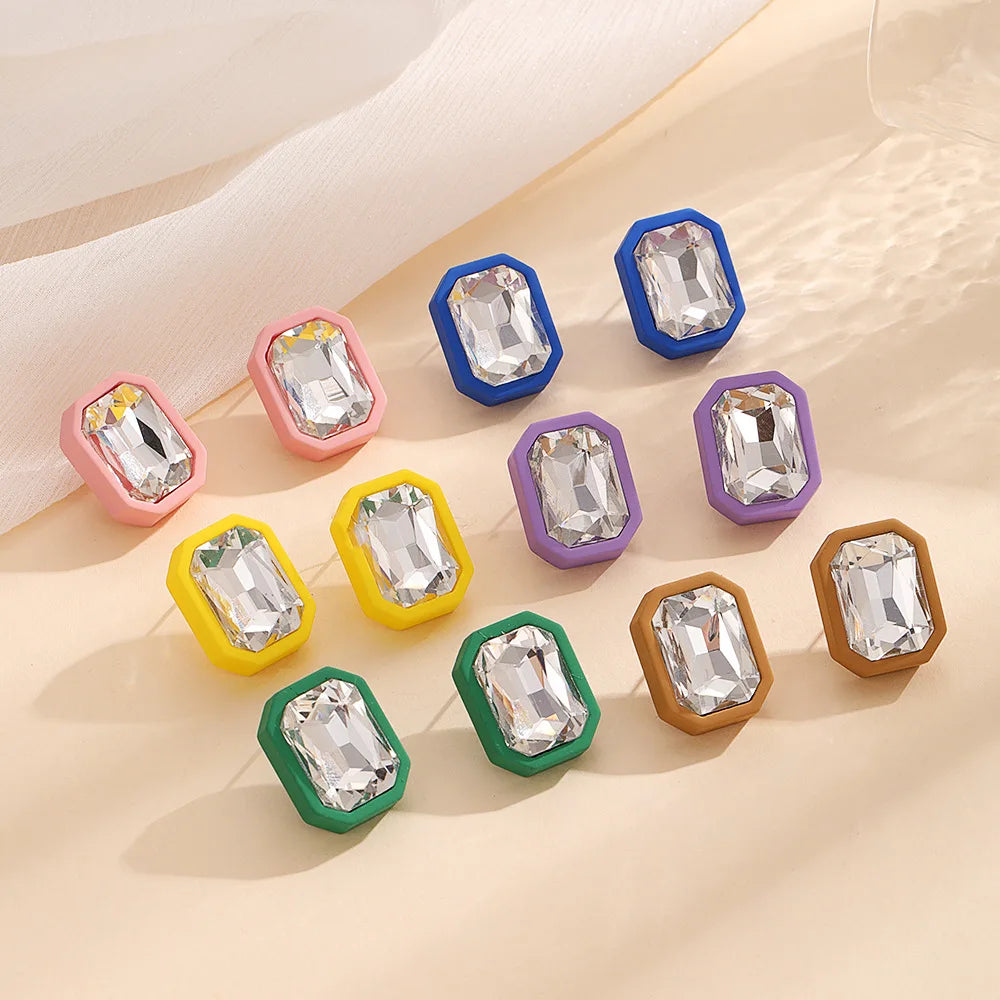 18K Gold Plated Stainless Steel Square Earrings Rectangle Colorful Withe Crystal Stud Earrings Crystal Jewelry Earrings