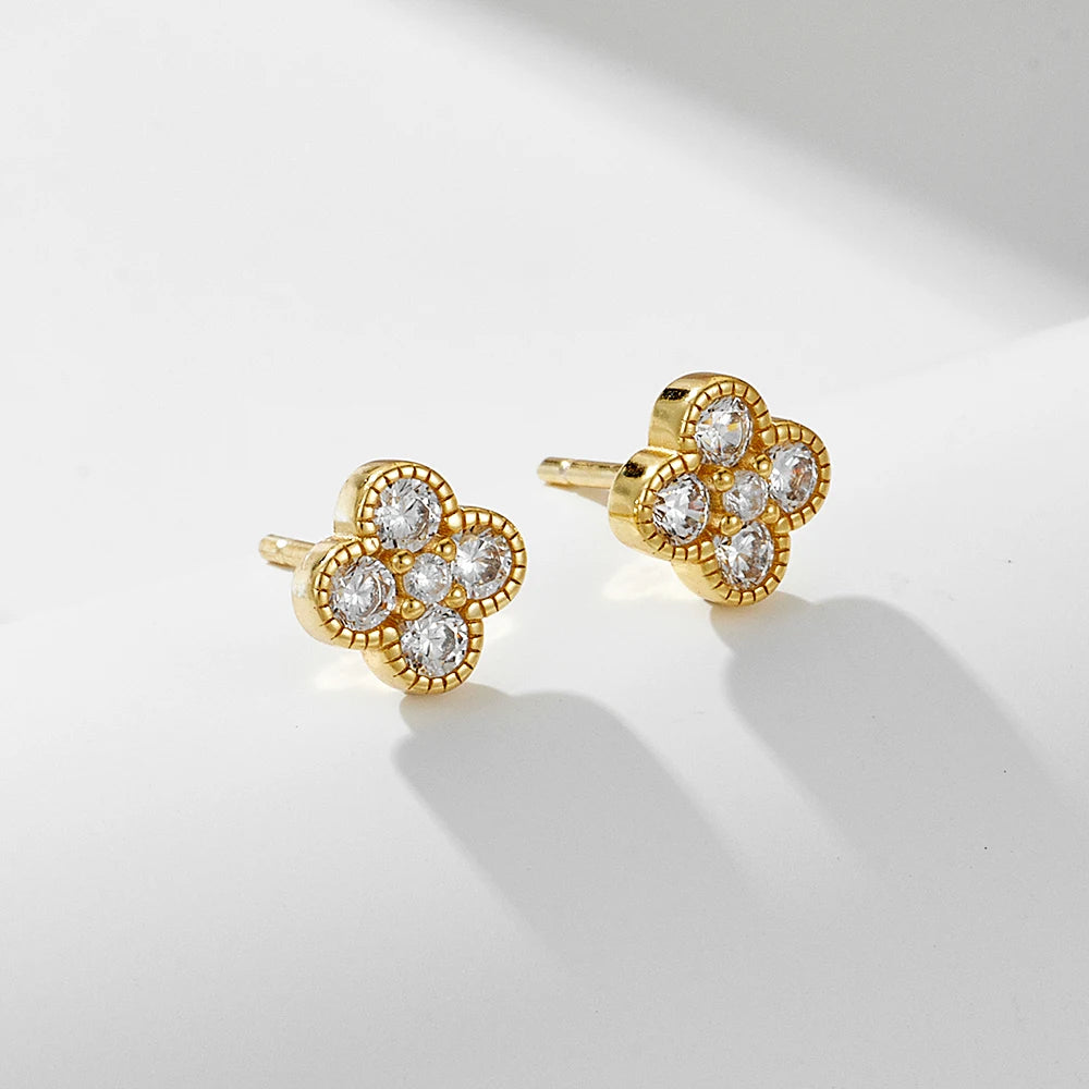 Fashion Four Leaf Clover CZ 925 Sterling Silver Gold Plated Women Jewelry Stud Earrings