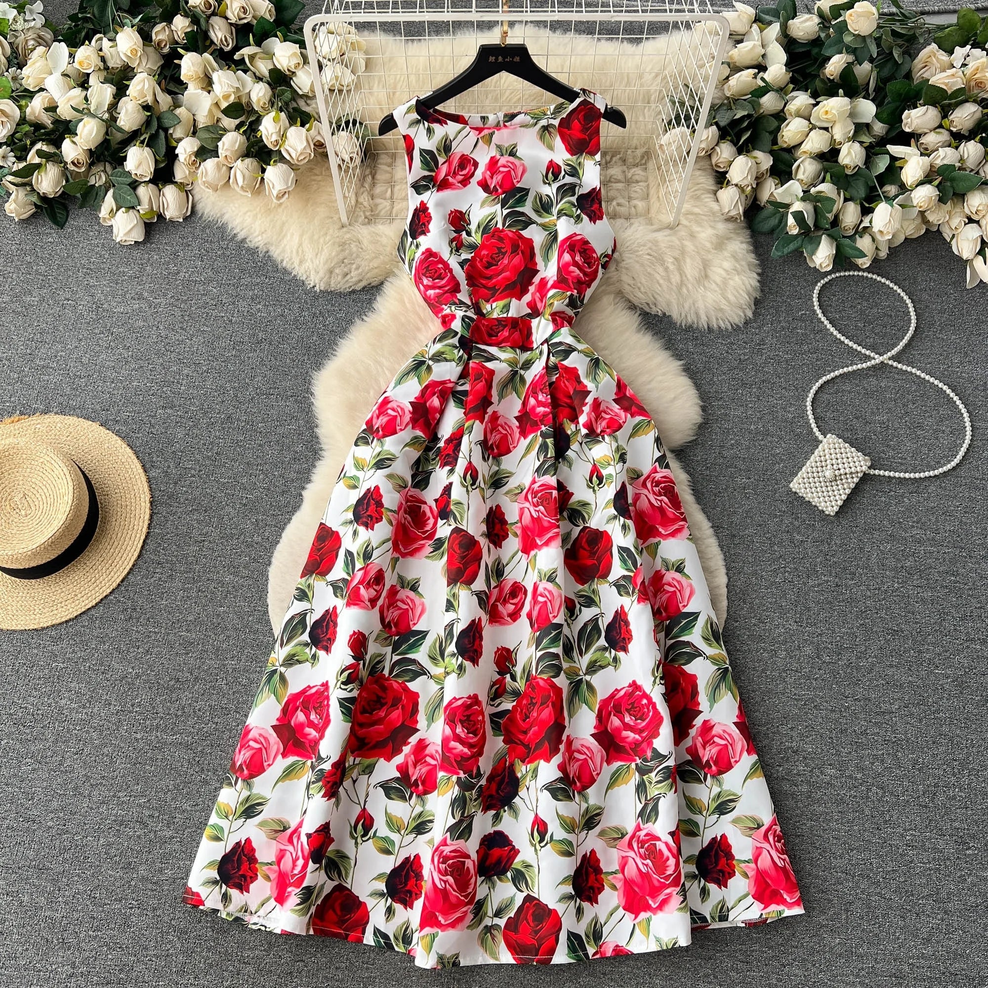 Retro Style Printed Dress for Women in Summer With a Waistband Pleated A-line Round Neck Sleeveless Skirt