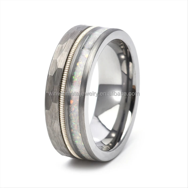 Natural Crushed Opal Inlay Tungsten Wedding Ring with Silver Plating Trendy Geometric Design for Men's & Women's
