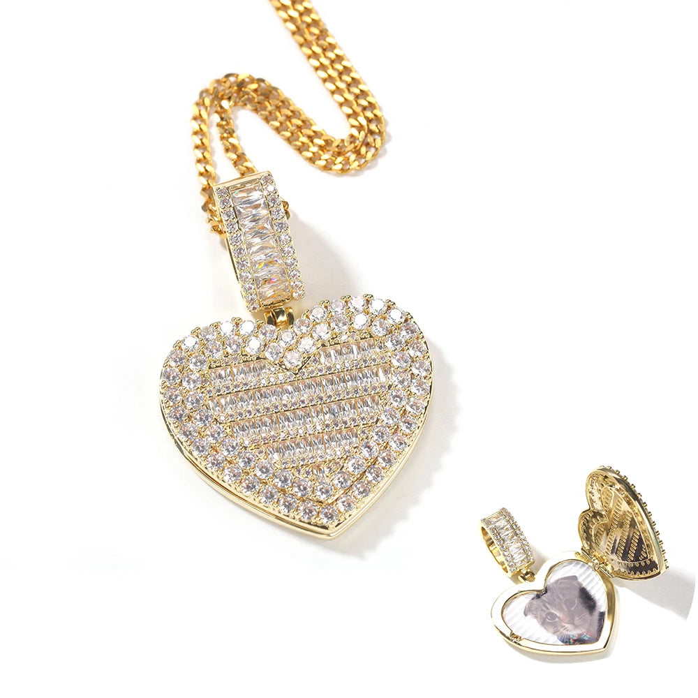 Custom Anniversary Open Heart Shaped Photo Frame Memory Pendant Necklace Gold Iced Diamond Silver Chains Zircon Brass Fashion
