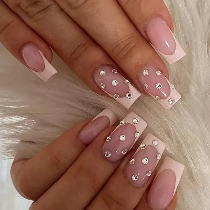 Wholesale High Quality Diamond Press Designs French Nail Pink White Gel Press on Nails False Set With Nail Glue