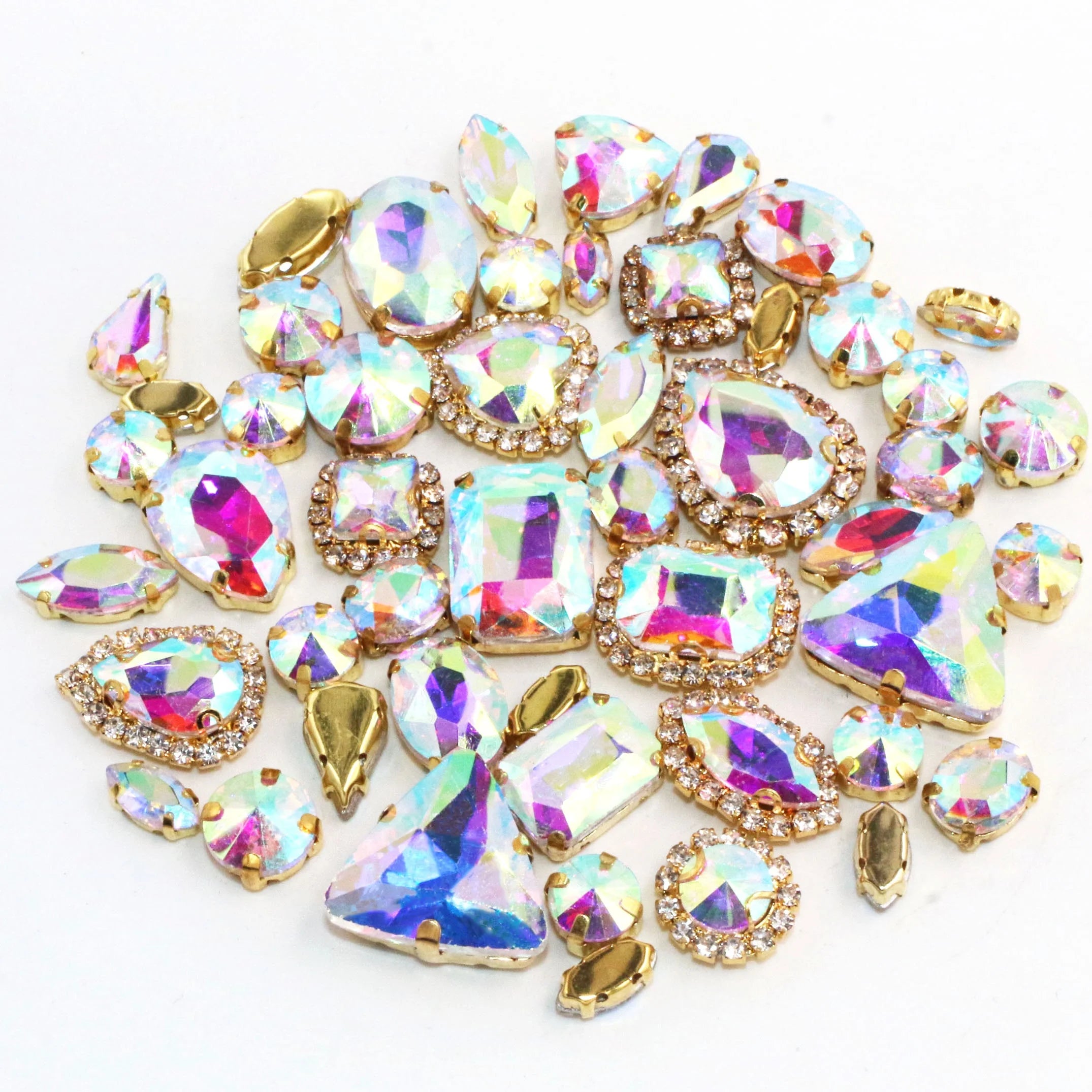 HFour AB Color Mixed Glass Flatback Loose Crystal Rhinestones 8 Shapes with Cup Chain for Handmade Jewelry