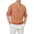 Casual Shirt Solid Color Henry Shirt Cotton and Linen Long Sleeve Men Pure Cotton Shirt