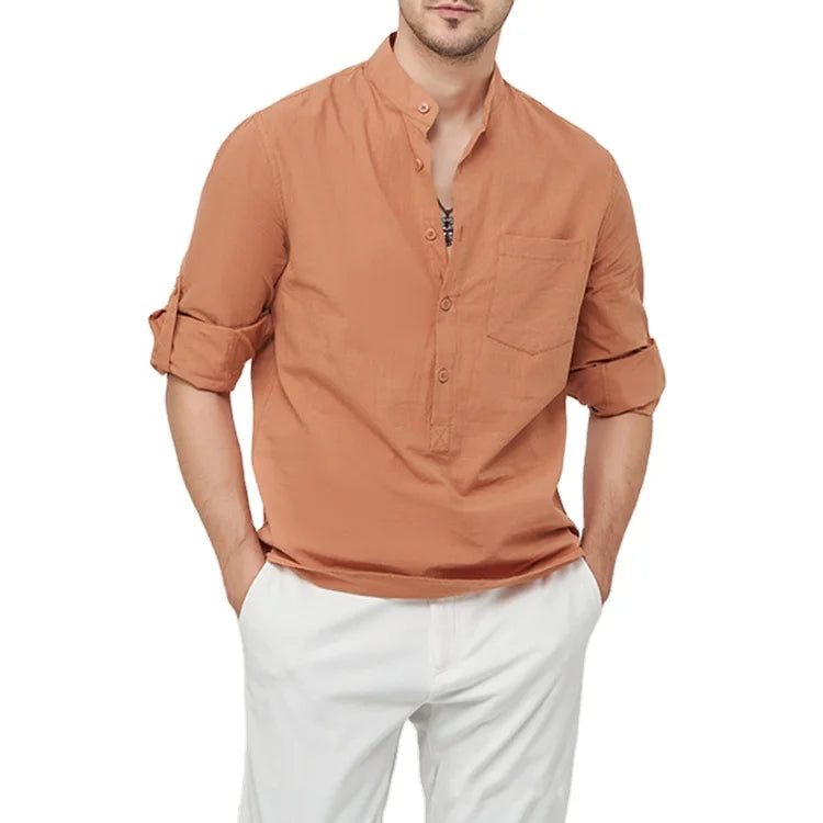 Casual Shirt Solid Color Henry Shirt Cotton and Linen Long Sleeve Men Pure Cotton Shirt
